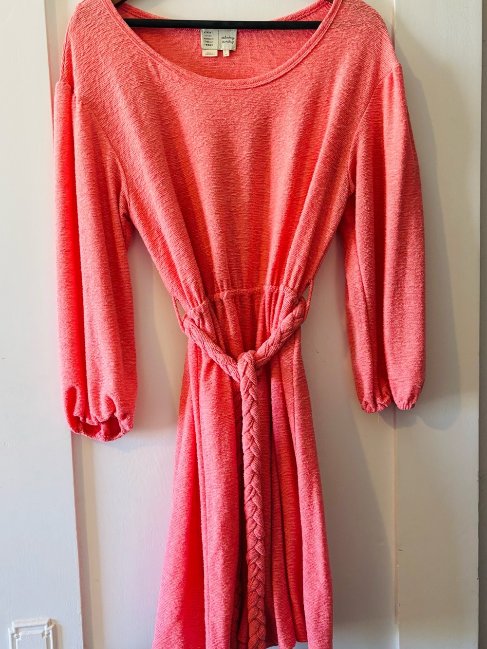 Women's Coral Midi Dress with Braided Waist Tie